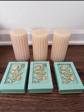 Anthropologie Cream Fluted Pillar Candles with Gold Floral Charms